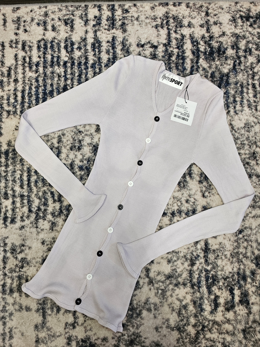 OperaSPORT Ribbed Button-Front Long Sleeve Top in Light Lavender